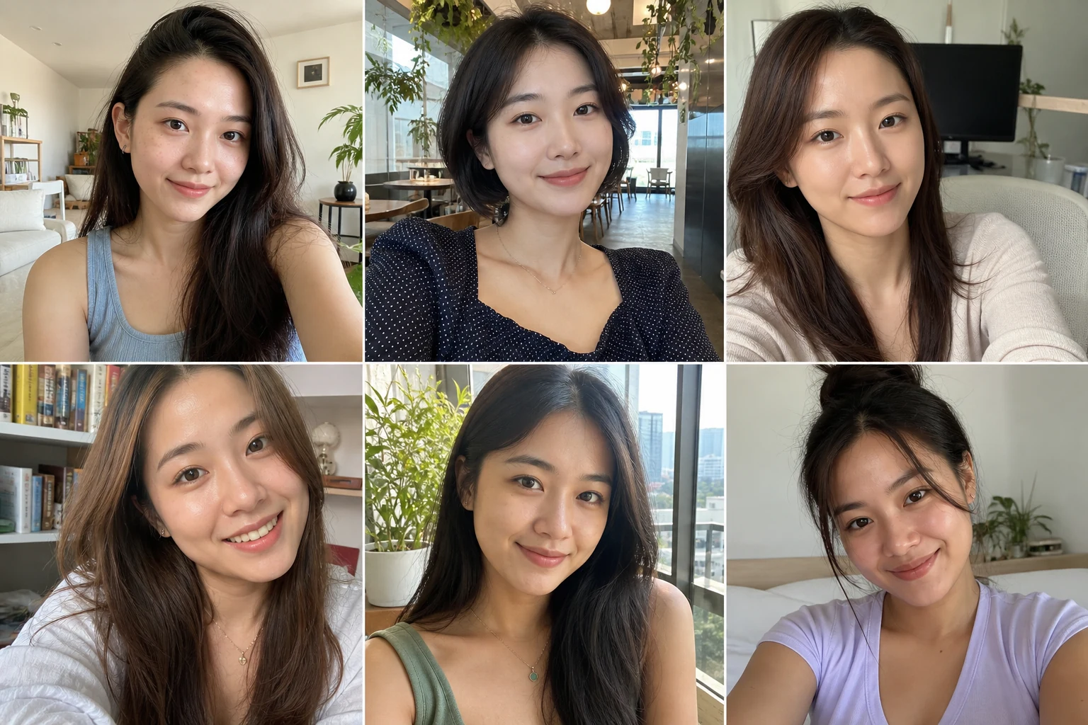 Pratinjau komunitas ilustratif yang menampilkan wanita dewasa Asia dalam potret selfie alami